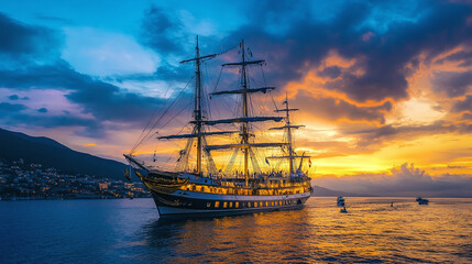 A yacht that is anchored in the sun is about to fall.