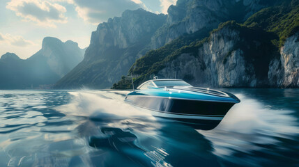 A speed boat traverses the ocean with mountains in the background, presenting a captivating scene in light navy and teal, showcasing precisionist aesthetics and glazed surfaces.