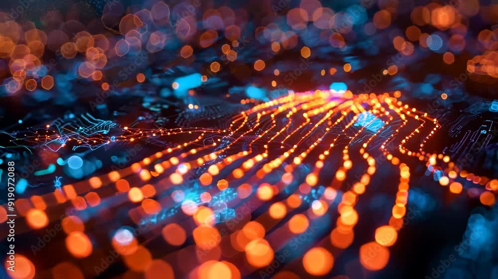 Poster a computer screen with a blue and orange line that looks like a wave. the blue and orange lines are 