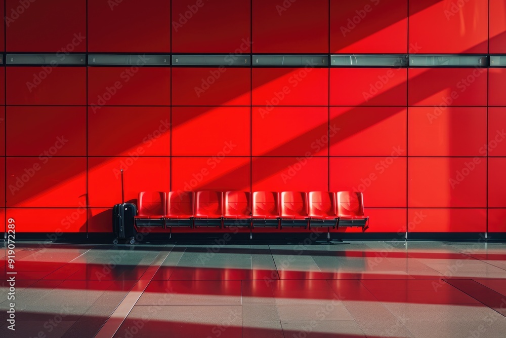 Poster a row of bright red chairs stands out against the same vibrant red background, creating a striking v