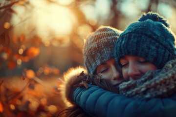 A touching moment captured as two individuals warmly embrace in an autumn forest filled with beautifully colored leaves and soft sunlight, showcasing love and connection.