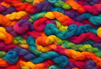 Colorful braided yarn texture featuring vibrant hues and intricate weaving patterns, creating a visually striking and dynamic textile design with warmth and energy, Generative AI.