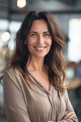 Fototapeta premium Smiling woman with long brown hair, wearing a casual beige blouse, standing in a modern office with blurred background. Confident, friendly, and approachable