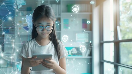 Young Girl using Tablet with Technology Overlays