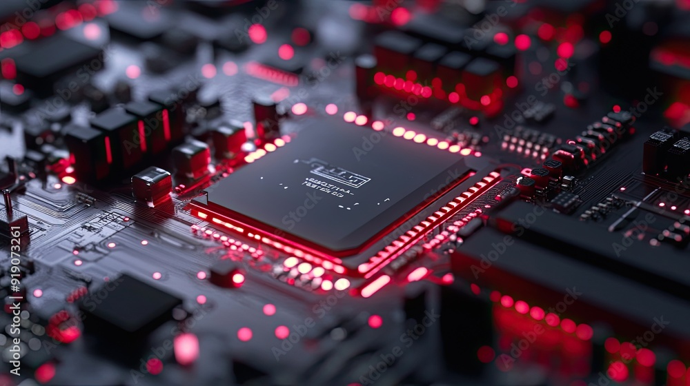 Poster close up of computer chip. represents technological advancement and innovation.