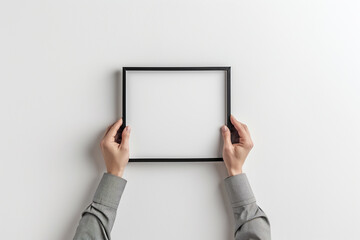 Naklejka premium Mockup, man's hands hanging an empty frame on the wall