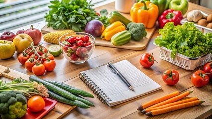 Fresh vegetables and fruits alongside notebooks and pens scattered on a kitchen counter, showcasing a Couple's weekly meal planning in progress.