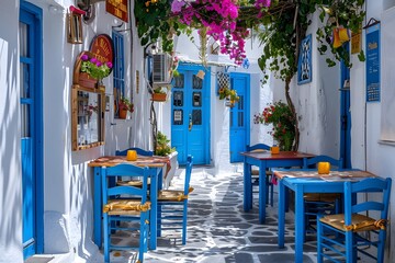 Charming Mediterranean Alleyway with Blue Doors and Colorful Bougainvillea