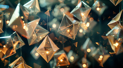 Close-up of a cluster of floating tetrahedrons, each one rotating slowly and emitting a faint glow