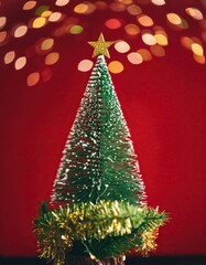 Christmas background with xmas tree and sparkle bokeh lights on red canvas background