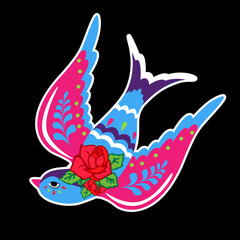 Bird with roses in traditional folk style. Flying swallow.