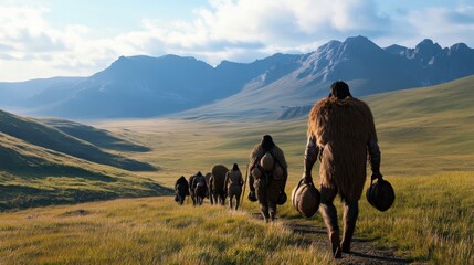 Early human migration across a landscape during the Ice Age.