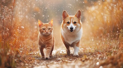A cat and dog walk together in the rain. This photo is perfect for pet-related projects, showcasing companionship and loyalty.
