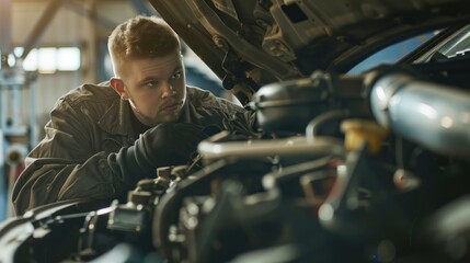 Mechanic inspecting car engine