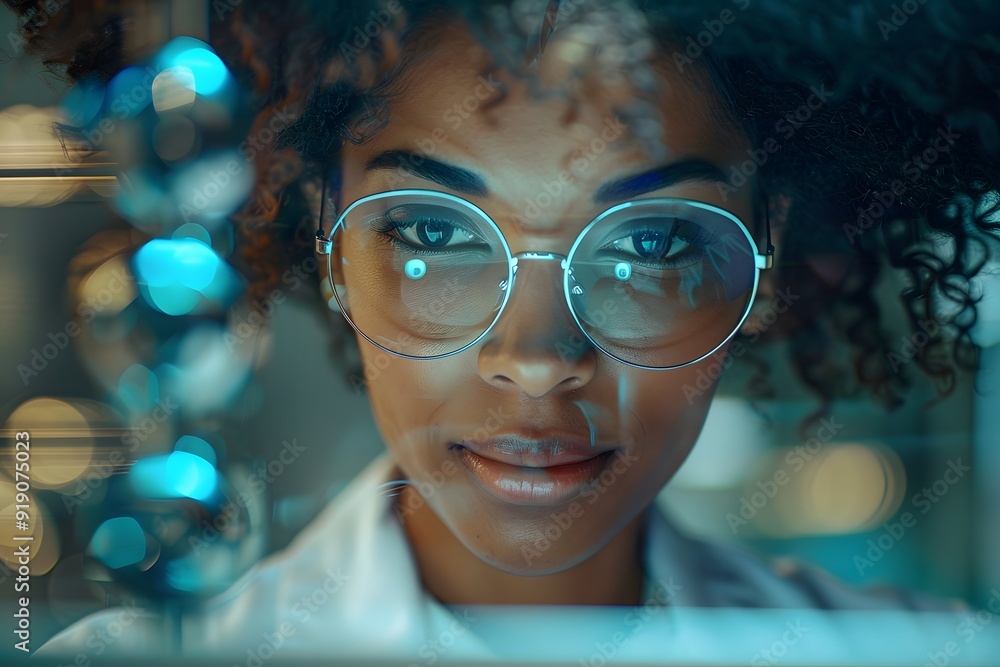 Poster focused scientist analyzing data in a modern laboratory