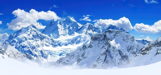 Fototapeta premium A panoramic view of snow capped mountains against a bright blue sky with puffy white clouds. The mountain peaks are covered in snow and ice, creating a stunning natural landscape.