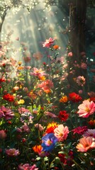 Digital colorful blooms in a shady flower garden scene abstract graphic poster background