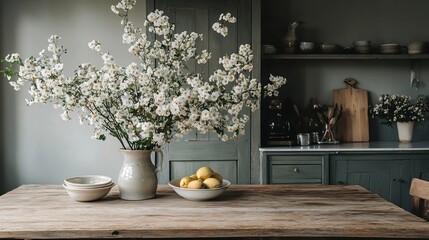 Rustic kitchen with blooming branches and fresh lemons for spring decor and farmhouse style inspiration