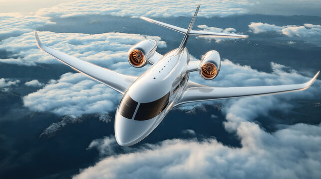 A modern twin-engine private jet flying above the clouds with a view of the sky and landscape below.