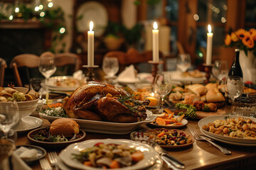 A festive table for the whole family with many dishes. Celebrating Thanksgiving Day. Generated by artificial intelligence