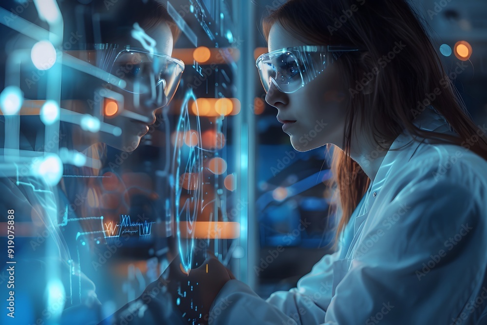 Poster engaged scientist analyzing data in a high-tech laboratory