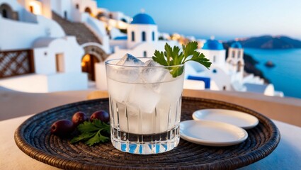 Fototapeta premium A shot of Greek ouzo in a small glass with ice cubes, surrounded by Greek meze on a beach with a sea view.