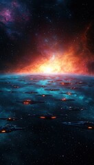 A stunning cosmic scene depicting a vibrant sunset over a distant planet, surrounded by starships and colorful nebulae.