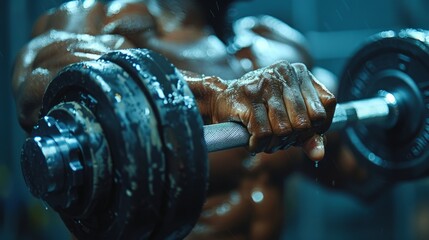 A dedicated athlete works out, lifting a heavy dumbbell, focusing on strength training in a dimly lit gym