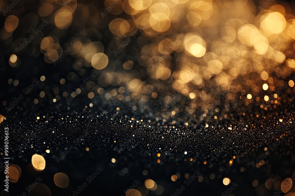 Poster sparkling gold bokeh on black background. perfect for adding a touch of glamour to your designs.