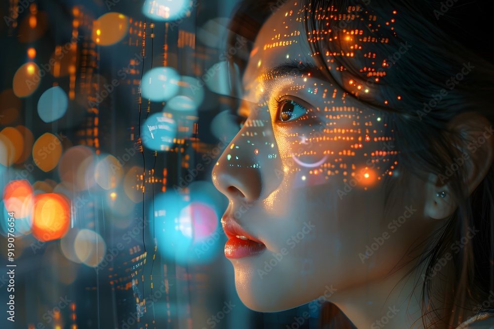 Poster ethereal portrait with digital patterns and bokeh lights