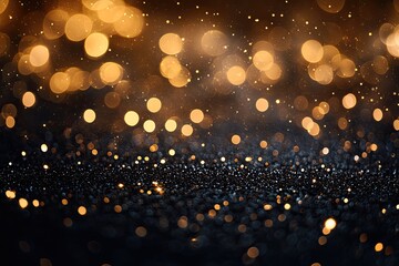 Black background with gold bokeh lights. Perfect for festive backgrounds, invitations, and other celebratory designs.