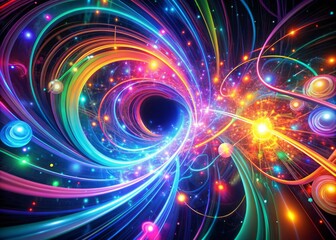 Obraz premium Vibrant, swirling patterns of neon-colored lights dance across a dark background, evoking a sense of futuristic innovation and creative possibility in this mesmerizing digital artwork.