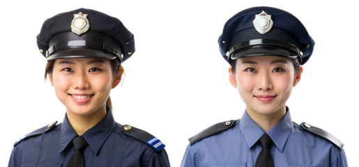 Set of portraits of Asian policewomen on transparent background. The concept of safety and security.