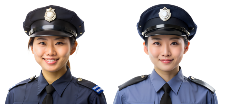 Set of portraits of Asian policewomen on transparent background. The concept of safety and security.