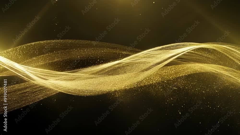 Poster a shimmering golden wave moves elegantly, creating a mesmerizing visual effect in a dark setting.