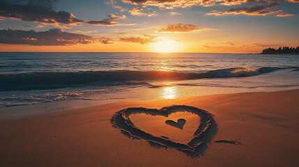 Obraz premium A heart drawn in the sand on an empty beach at sunset