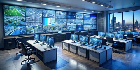 Modern command center with multiple screens displaying city maps, surveillance footage, and real-time data, helping law enforcement track and respond to crimes effectively.