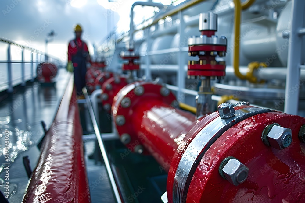 Poster industrial pipeline system on a vessel with worker in background