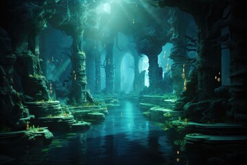 Obraz premium Underwater Tunnels: Illuminated tunnels beneath the water.