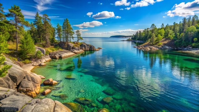 Serene Finnish landscape featuring a tranquil turquoise sea surrounded by lush green forests and rocky shores under a clear blue summer sky.