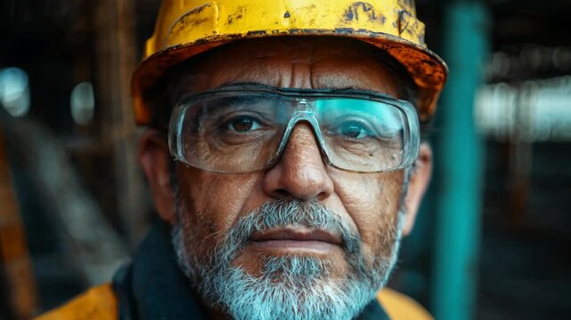 Skilled worker in safety gear focused at a construction site , senior male builder in safety glasses looking at camera