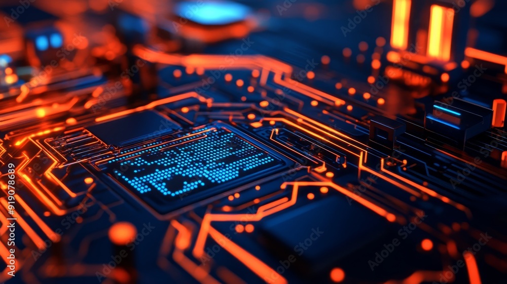 Poster a close-up view of a circuit board featuring intricate patterns and glowing elements, highlighting t
