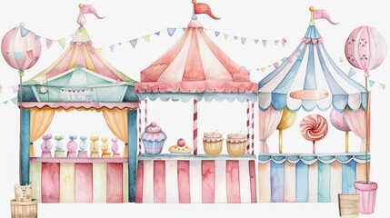 Circus arcade with games and prizes,Clipart, watercolor illustration, Perfect for nursery art The style is hand  drawn, white background