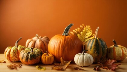  Colorful Autumn Pumpkins and Decor on Table With Orange Background 