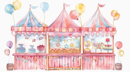 Circus arcade with games and prizes,Clipart, watercolor illustration, Perfect for nursery art The style is hand  drawn, white background