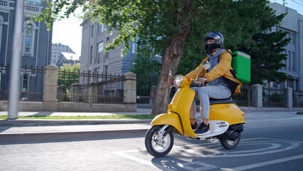 Courier man carry package moped. Guy ride scooter city street deliver box. Green backpack mock up....