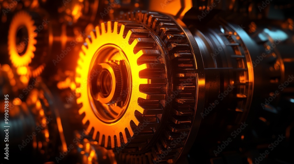 Aufkleber a close-up view of intricate metallic gears illuminated by warm orange light, showcasing mechanical 