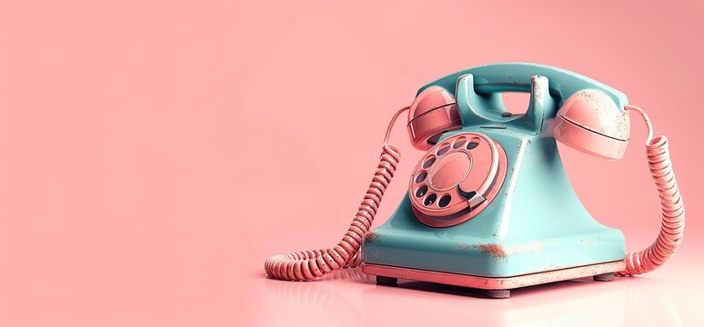 A vintage rotary dial phone with a blue body and pink accents is placed on a pink background.