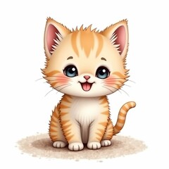 Fototapeta premium Adorable Cartoon Ginger Kitten with Big Eyes and Cute Expressions: Collection of Playful, Whimsical Cat Illustration Perfect for Children's Book, Posters, and Merchandise