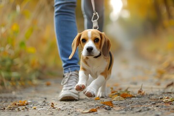 A Beagle Enjoying a Fall Walk with Its Owner on a Leaf-Covered Path